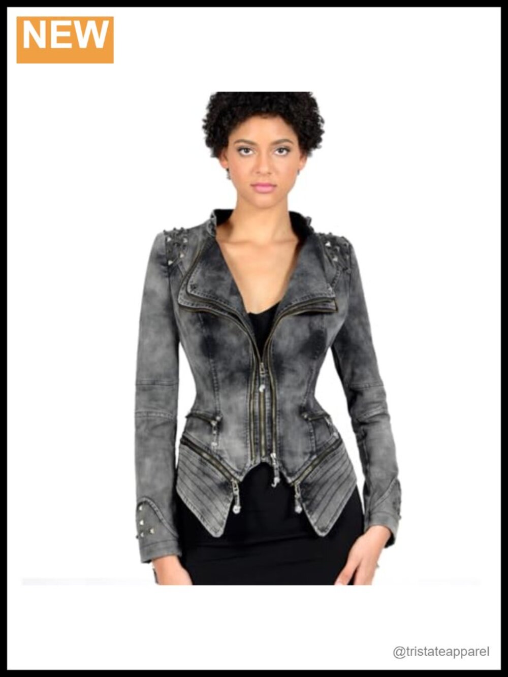 Classic Tailcoat Denim Jacket with Punk Rivets, Zipper Front, Detachable Hem